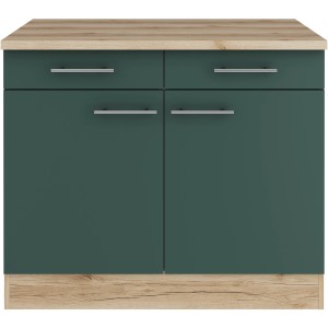 OPTIFIT Savona405 Unterschrank, 100 cm, Steingrün mit Arbeitsplatte in Holzoptik.