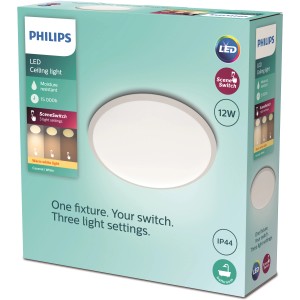 Verpackung der runden, weißen Philips LED-Deckenleuchte myLiving Cavanal SceneSwitch mit 3 Helligkeitsstufen.