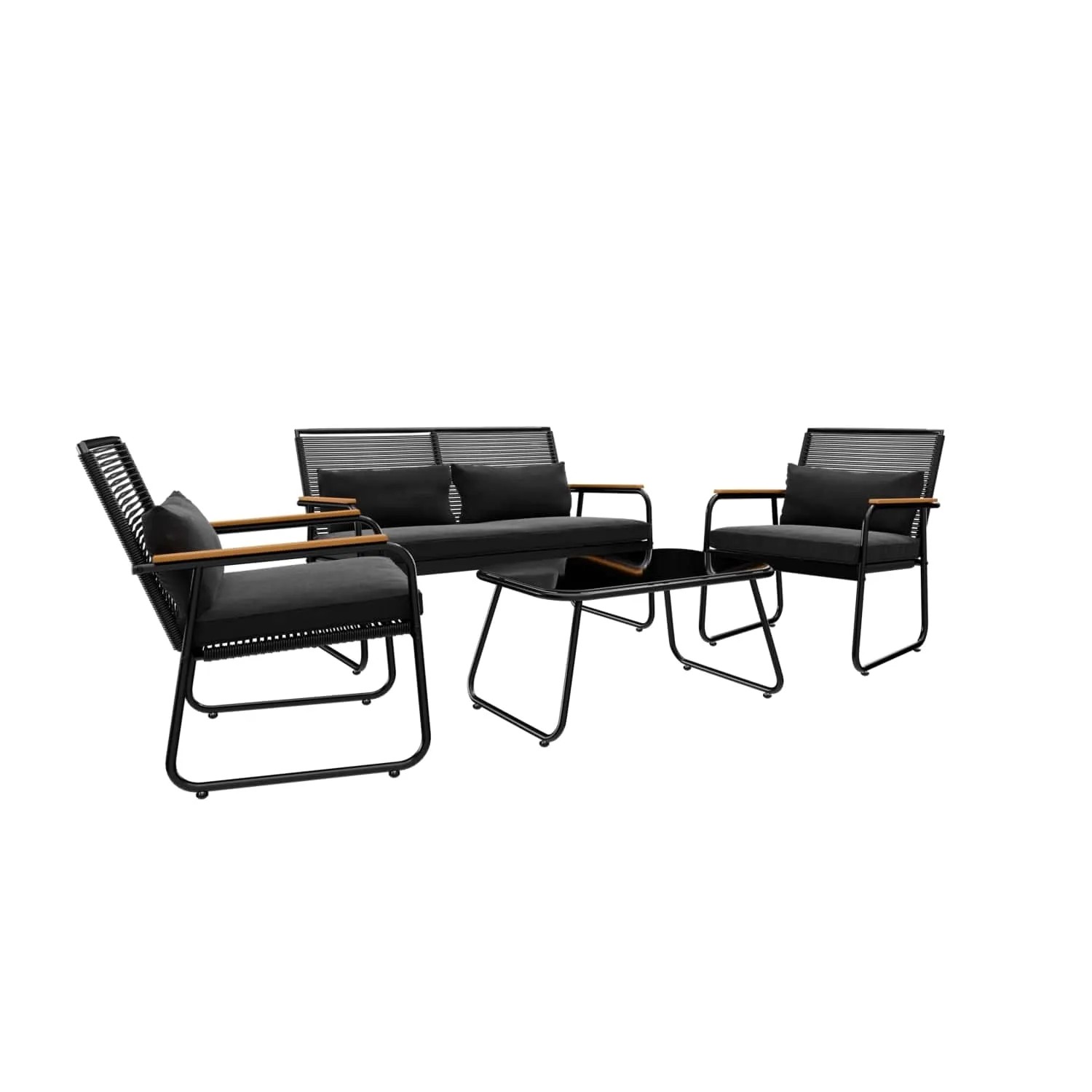 4-teiliges GARMIO Polyrattan Gartenmöbel Set mit Sitzbank, Stühlen und Glastisch.