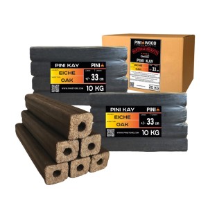PINI Kay 20 kg Eichenholzbriketts, 33 cm, viereckig mit Zugloch. Zwei Folienpacks und lose Hartholzbriketts.