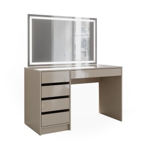 Vicco Schminktisch Sherry, Greige Hochglanz, 120 cm mit LED-Spiegel.