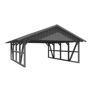 Grauer Skan Holz Carport Schwarzwald mit Dachschalung und Fachwerk-Optik.