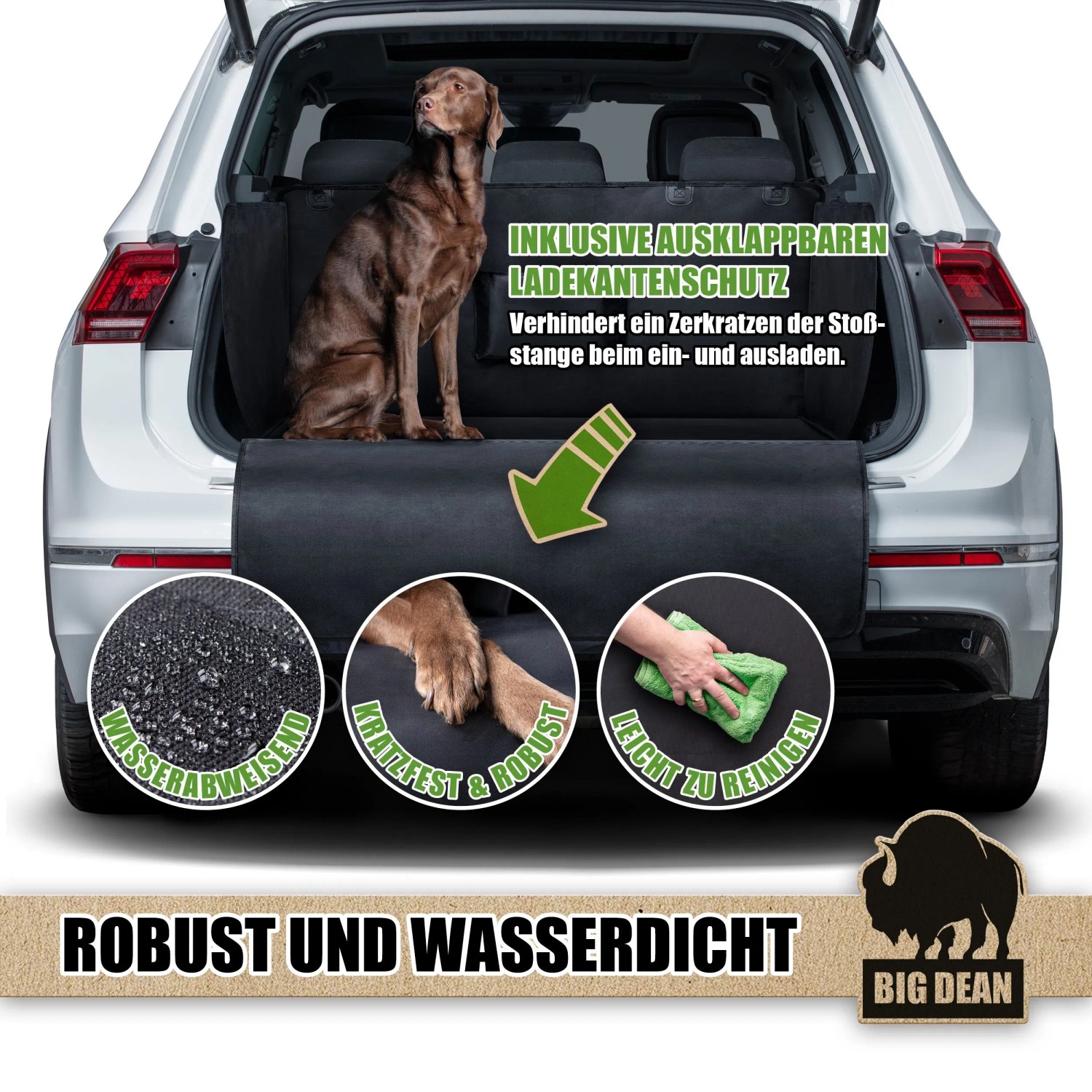 Universelle Kofferraum Schutzmatte mit Hund, Seiten- & Stoßstangenschutz. Robust, wasserabweisend, kratzfest, leicht zu reinigen.