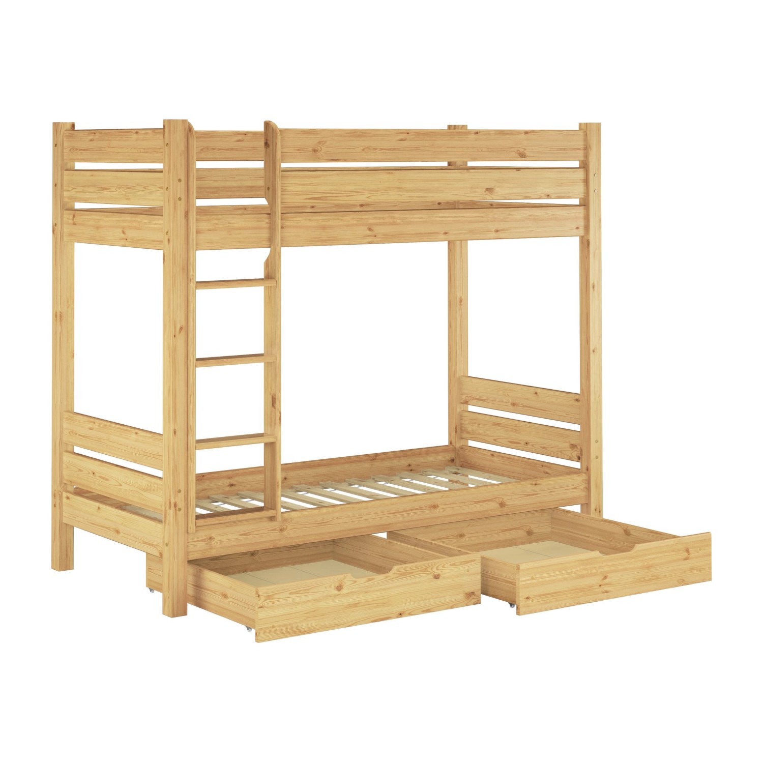 Stabiles Etagenbett aus Kiefer Massivholz 90x200 mit Rollrost und Bettkasten.
