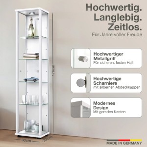 Weiße Glasvitrine mit LED-Beleuchtung, 176 cm hoch, mit Glasböden. Made in Germany.