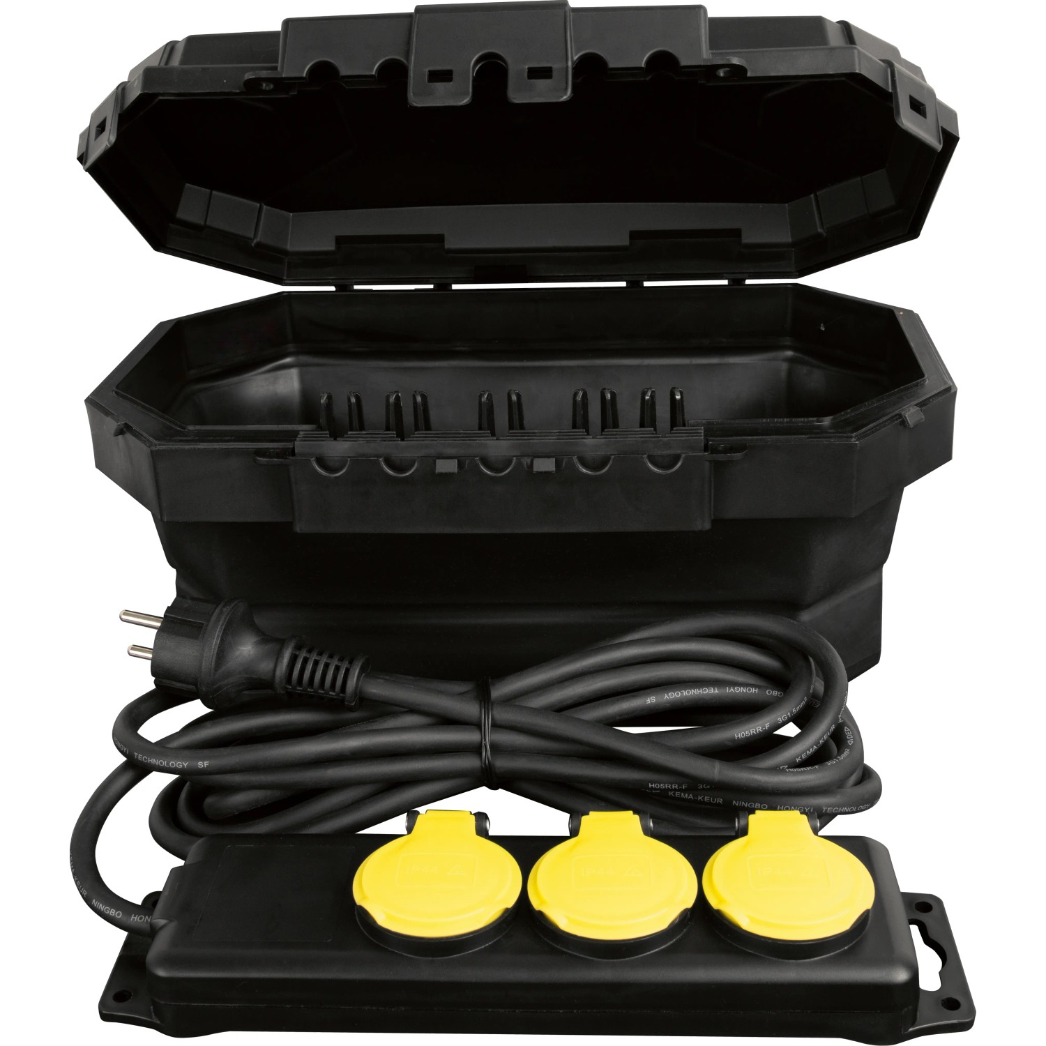 D-Line Wetterschutzbox, faltbar, mit 3 Steckdosen und 4m Kabel. Ideal für den Außenbereich.