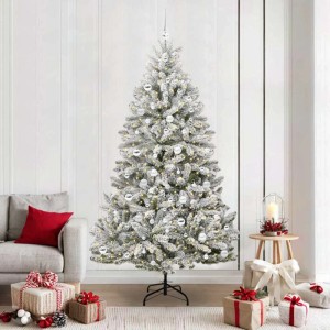 Geschmückter, künstlicher, grün-weißer Weihnachtsbaum (210 cm) von vidaXL mit LED-Lichtern und Kugeln.