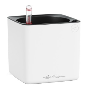 Weißer, matter Lechuza CUBE Color 14 Pflanztopf mit Wasserstandsanzeiger.