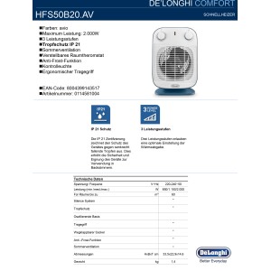 DeLonghi Schnellheizer HFS50B20.AV, avio, 850-2000W, mit drei Heizstufen und IP21-Tropfschutz.