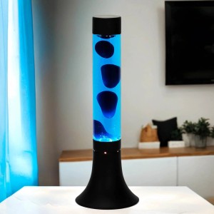 Blaue Lavalampe Yvonne, 37,5 cm hoch, mit dunklen Lavaelementen und schwarzem Fuß. Design-Tischlampe.