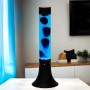 Blaue Lavalampe Yvonne, 37,5 cm hoch, mit dunklen Lavaelementen und schwarzem Fuß. Design-Tischlampe.