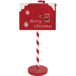 Weihnachtlicher Metall-Briefkasten in Rot-Weiß mit Zuckerstangen-Ständer und "Merry Christmas" Schriftzug.