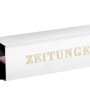 Weiße Burg Wächter Zeitungsbox 808 mit Zeitung. Eckige Form, geprägte Schrift.