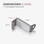 Detailaufnahme der Klemmhalterung für Bestlivings Spannvitrage, silberfarben, mit Maßangaben.