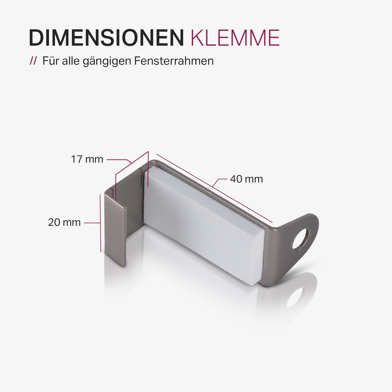 Detailaufnahme der Klemmhalterung für Bestlivings Spannvitrage, silberfarben, mit Maßangaben.