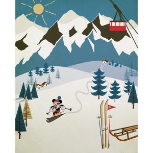 Komar Vliesfototapete: Mickey Mouse beim Skifahren in den Bergen, mit Gondel und Sonne.