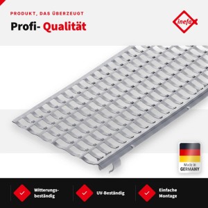 Grauer Inefa Laubfangstreifen, Gitter aus Polypropylen für Dachrinnen. Schützt vor Laub, UV-beständig, einfache Montage.