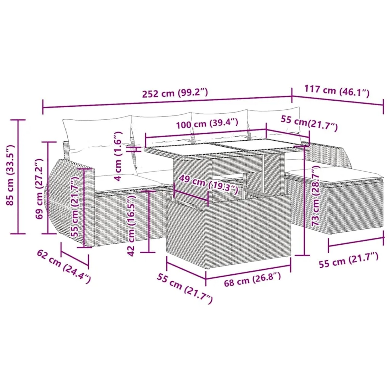 vidaXL 6-tlg. Garten-Sofagarnitur, hellgraues Poly Rattan mit Kissen. Gartenmöbel-Set mit Tisch, Sofas und Hocker.