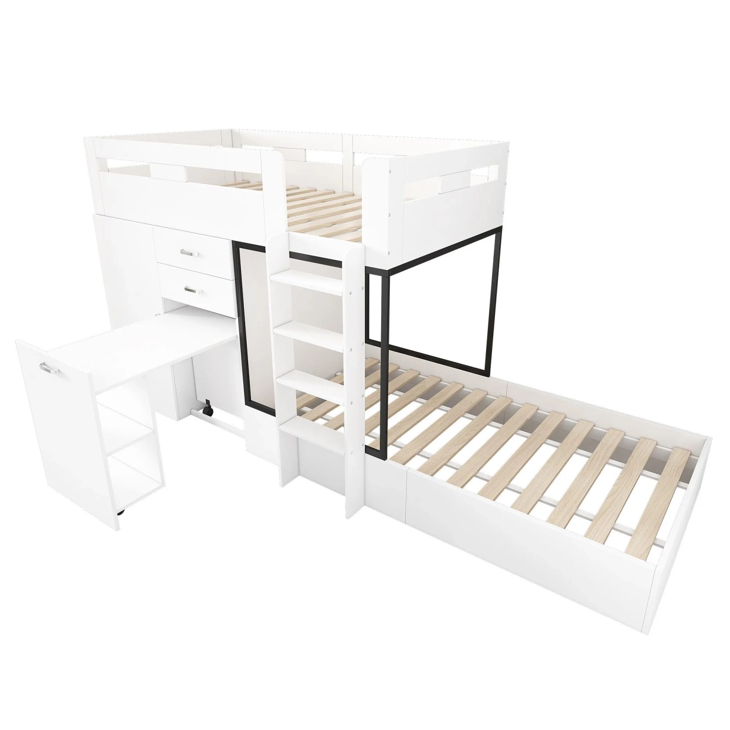 okwish Etagenbett 90x200cm mit Schreibtisch Garderobe Schublade und Regalen Weiß ohne Matratze