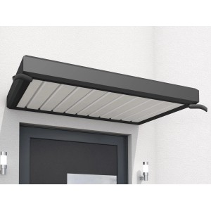 Rechteckiges, anthrazitfarbenes Gutta Vordach 150x90 cm über einer Haustür.