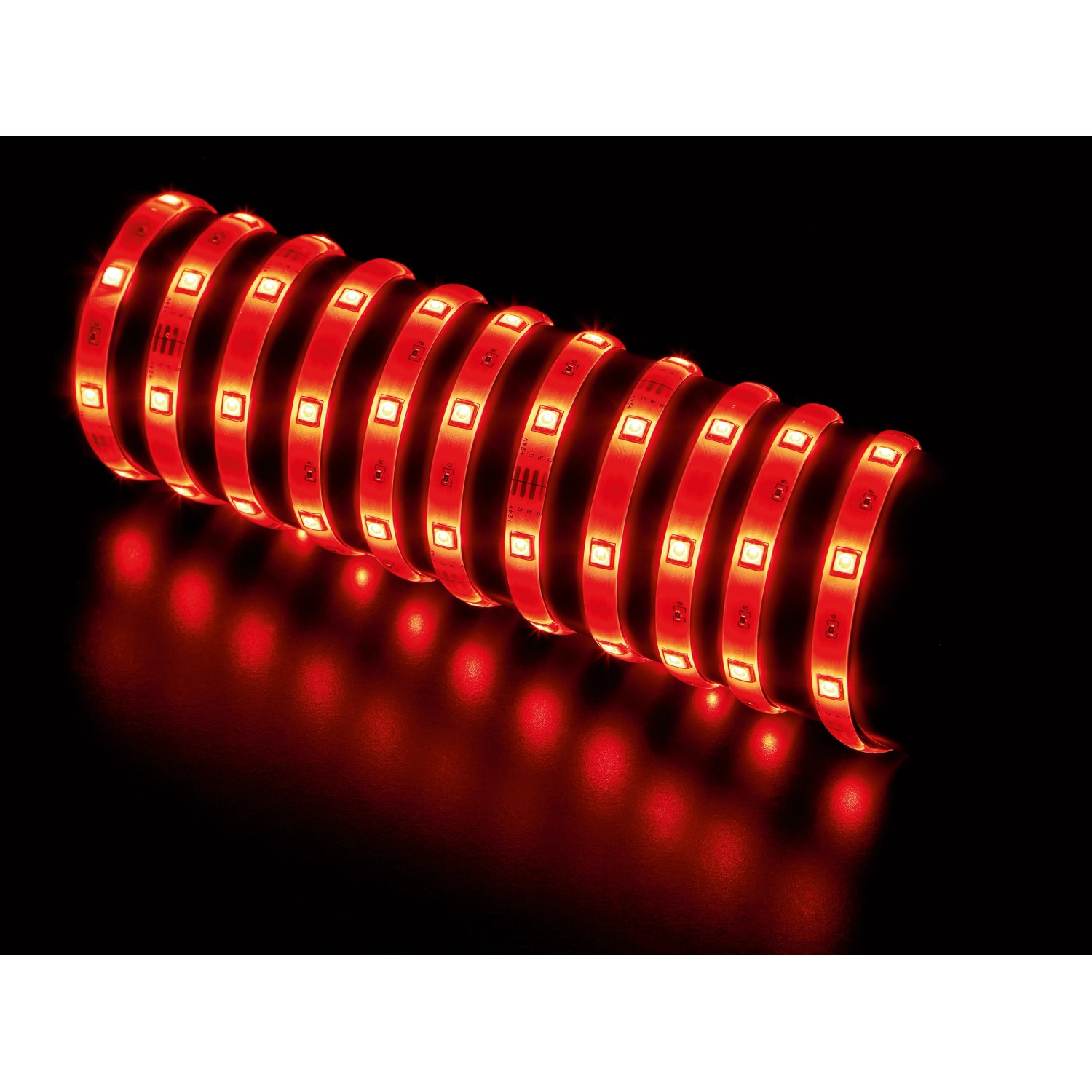 Aufgerolltes LED-Flexband RGB, 10 m, rot leuchtend. Inklusive Fernbedienung.