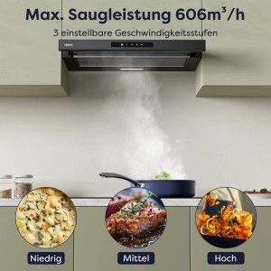 CIARRA Flachschirmhaube 60 cm in Schwarz saugt Kochdämpfe ab. Zeigt 3 Leistungsstufen: niedrig, mittel, hoch.