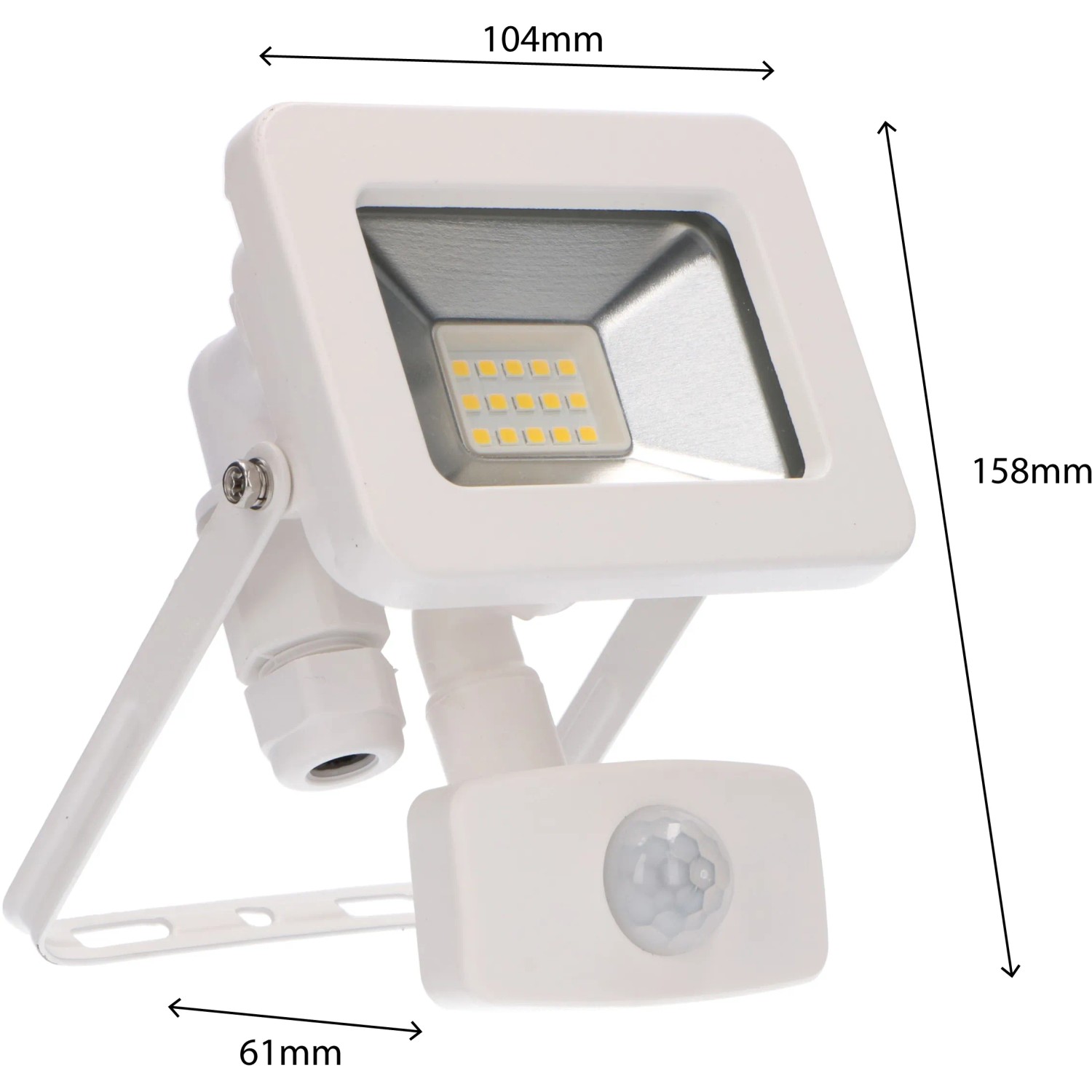 Weißer LED-Außenstrahler mit Sensor, 10W, 4000K, IP44. Ideal für Hof und Garten.
