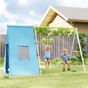 AIYAPLAY 3-in-1 Schaukelgestell mit Spielzelt und Kindern beim Spielen im Garten.