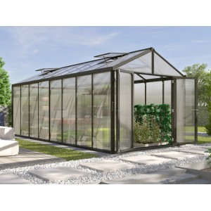 Vitavia Gewächshaus Zeus Comfort 15700, 15,7 m², schwarz, mit geöffneten Doppeltüren im Garten.