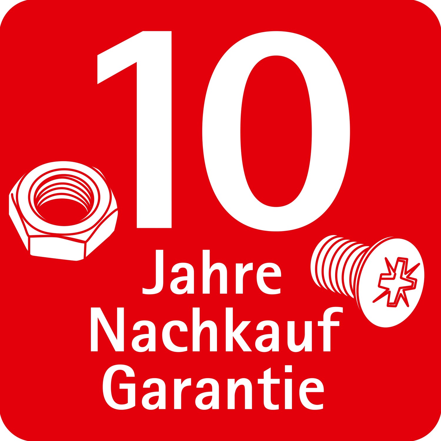 10 Jahre Nachkaufgarantie für Schulte Duschsysteme, Schraube und Mutter auf rotem Grund.