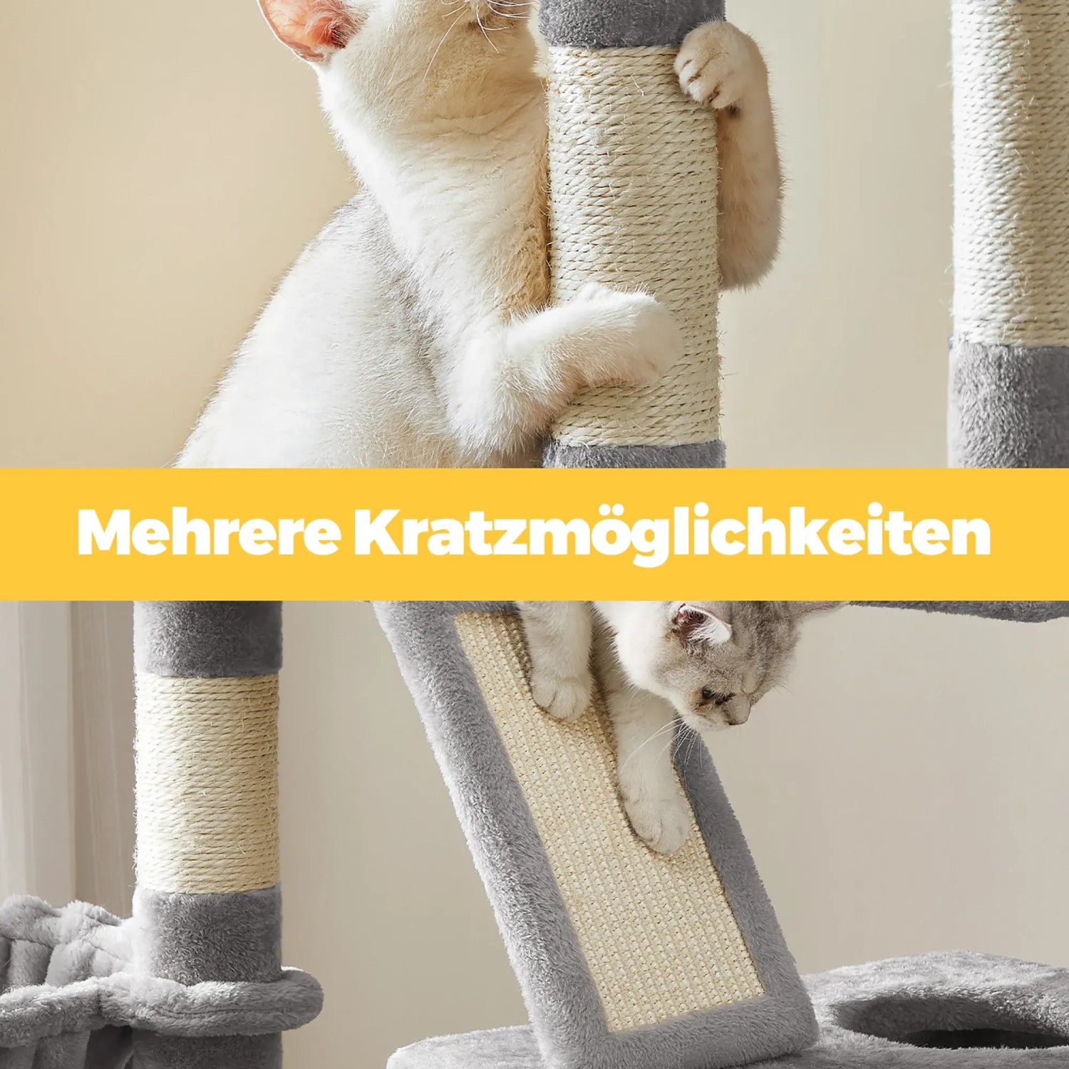 Feandrea Kratzbaum, 206 cm, hellgrau, mit Katzen beim Klettern und Kratzen.