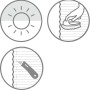 Icons zur Lichtdurchlässigkeit, Reinigung und Kürzbarkeit des weißen Schöner Wohnen Plissees Milla.