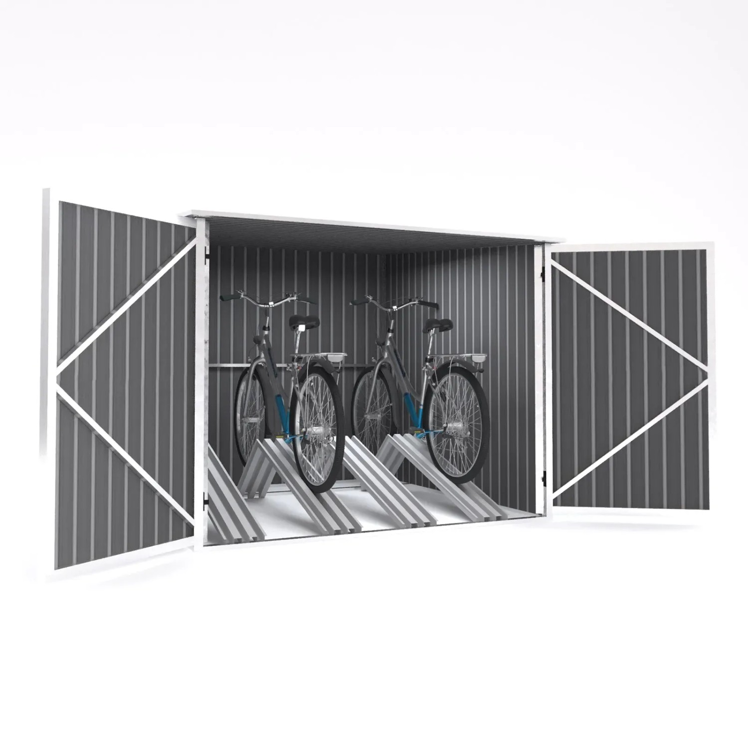 Offene, graue Hattoro Fahrradgarage aus Metall mit zwei Fahrrädern auf Schienen.