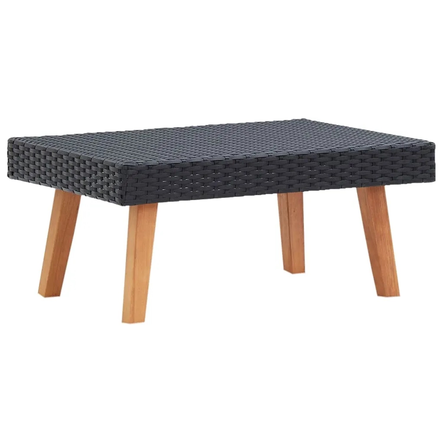 Schwarzer vidaXL Garten-Couchtisch aus Rattan mit Holzfüßen, Teil des Lounge-Sets.