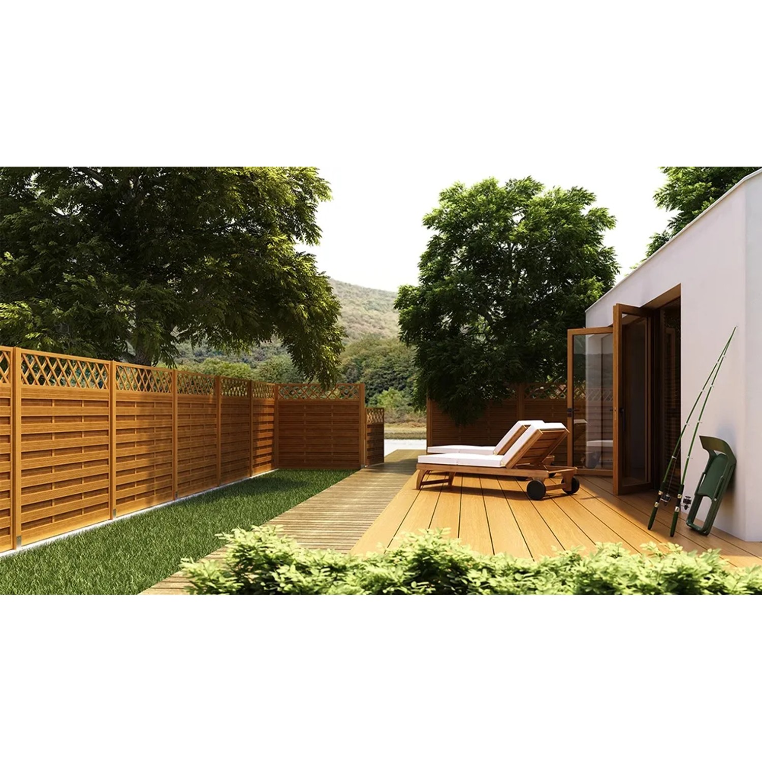 Teakfarbener Sichtschutzzaun Country, 120x180cm, im Garten mit Liege und Terrasse.