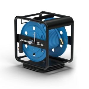 Güde Druckluftschlauchtrommel mit 30 m Schlauch auf drehbarer, schwarzer Rahmenkonstruktion.