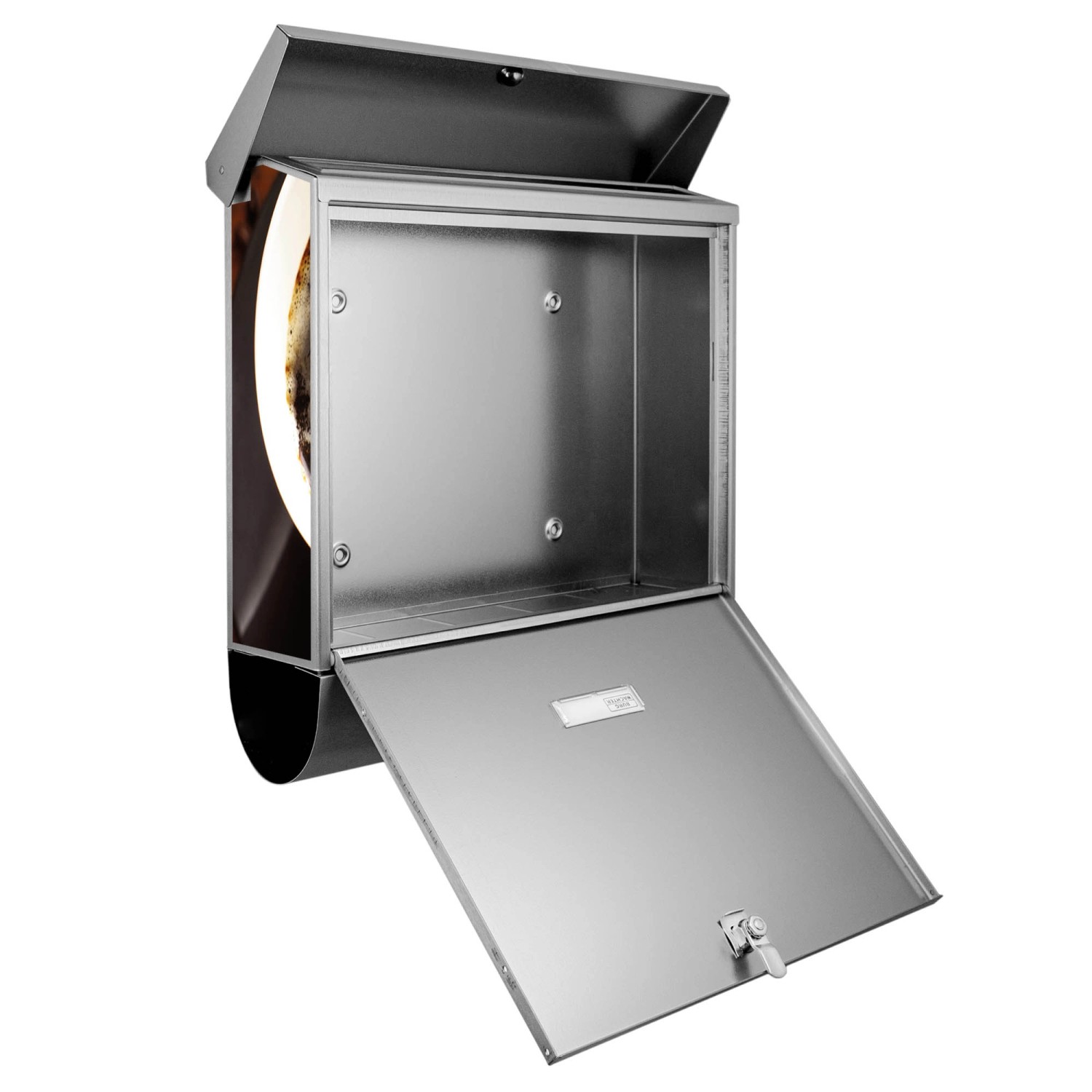Offener Banjado Edelstahl Briefkasten mit Zeitungsfach und Kaffee&Schokolade Motiv.