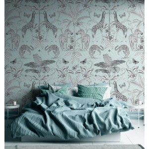 Livingwalls Fototapete mit Tiermotiv (Giraffen, Zebras, Leoparden) in Schwarz, Weiß und Grau im Schlafzimmer.