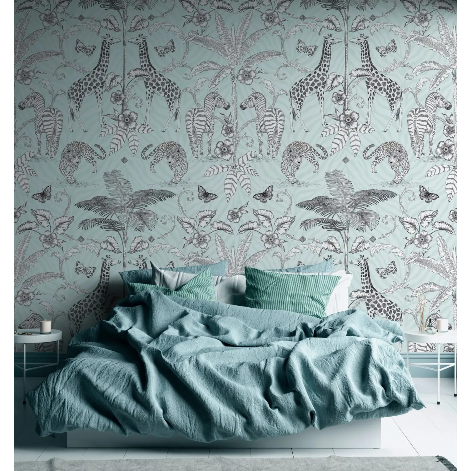 Livingwalls Fototapete mit Tiermotiv (Giraffen, Zebras, Leoparden) in Schwarz, Weiß und Grau im Schlafzimmer.