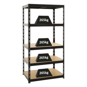 Schwarzes PROREGAL Schwerlastregal Tiger mit 5 Ebenen und Gewichten auf den Regalböden.