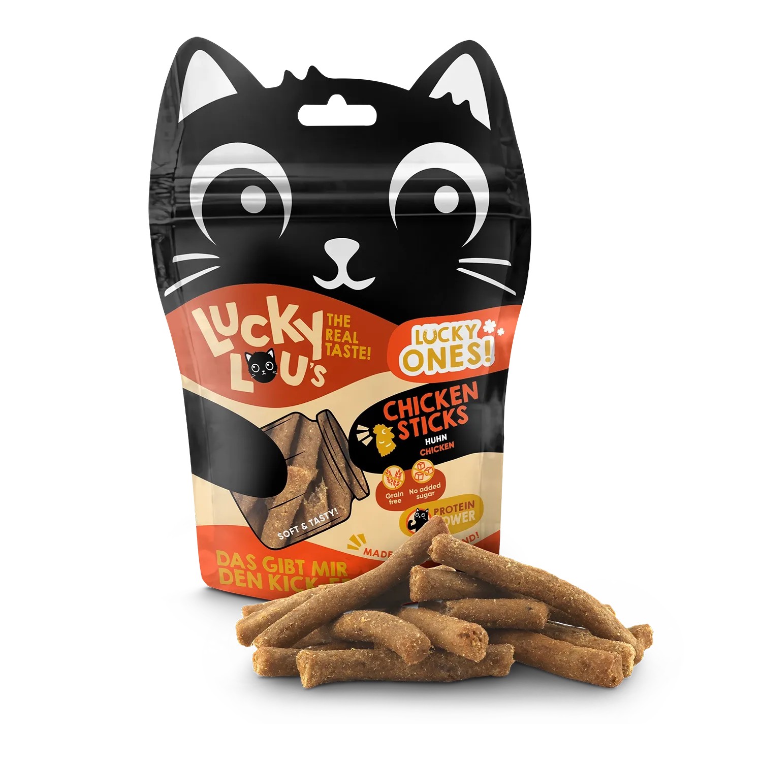 Lucky Lou Katzen-Trockenfutter Chicken Sticks, 50g Packung mit Snacks für Katzen.