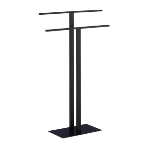 Freistehender Handtuchständer aus schwarzem Eisen mit 2 versetzten Stangen für Badaccessoires, 82 cm hoch.