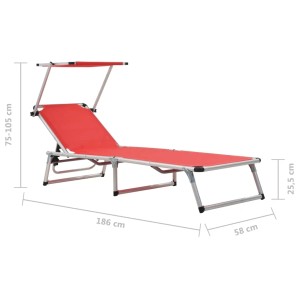Zwei rote, klappbare Sonnenliegen mit Sonnendach aus Aluminium und Textilene. Ideal für Garten oder Strand.