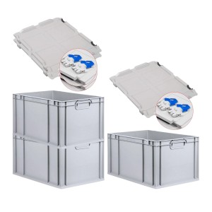 PROREGAL SuperSparSet: 3 graue Euroboxen mit Deckel und blauen Verschlüssen, 65 Liter.