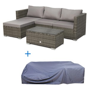 Graue Svita Queens Polyrattan Lounge mit Sofa, Tisch und Abdeckhaube für Gartenmöbel.