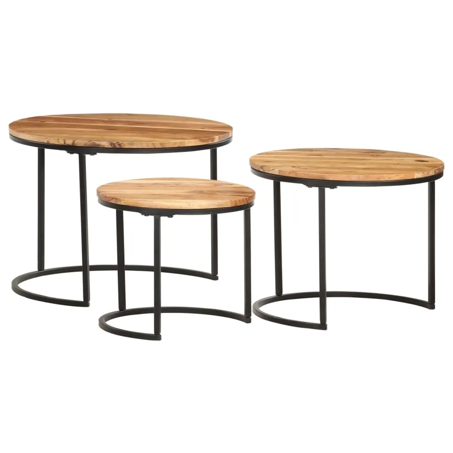 vidaXL Satztische, 3 Stk., Akazie Massivholz, runde Tischplatten, schwarze Metallgestelle.
