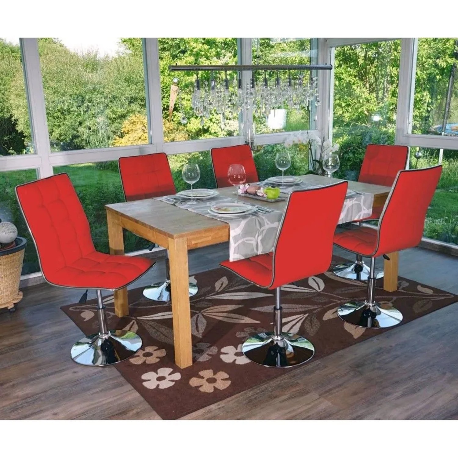 Sechs rote Esszimmerstühle C41 aus Kunstleder mit Chromfuß an Holztisch. Drehbar, höhenverstellbar. Modernes 6er-Set.