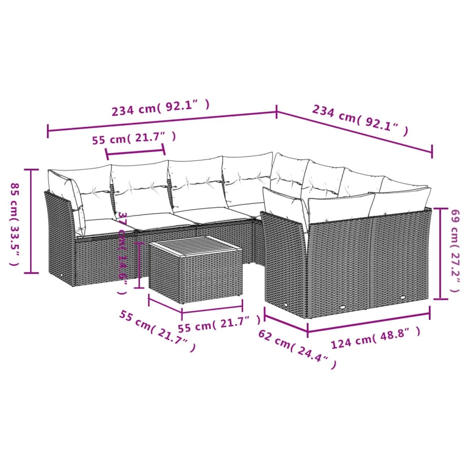 Schwarze 9-tlg. Garten-Sofagarnitur aus Polyrattan mit Kissen und Tisch. Gartenmöbel für Terrasse und Garten.