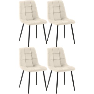 4er Set Esszimmerstühle Asti in Creme mit Samtbezug und schwarzen Metallbeinen. Gesteppte Rückenlehne.