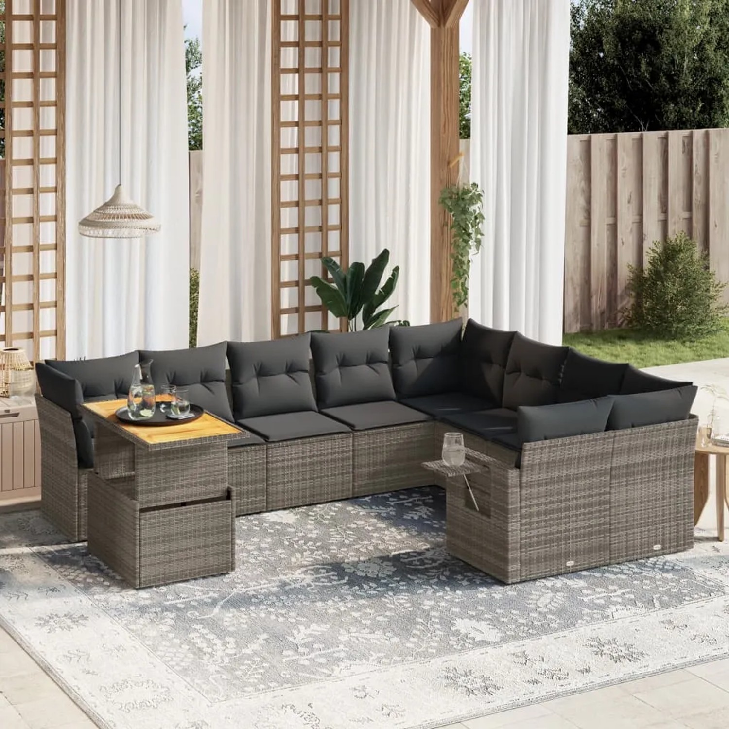 Graue 10-tlg. vidaXL Garten-Sofagarnitur aus Polyrattan mit Kissen.